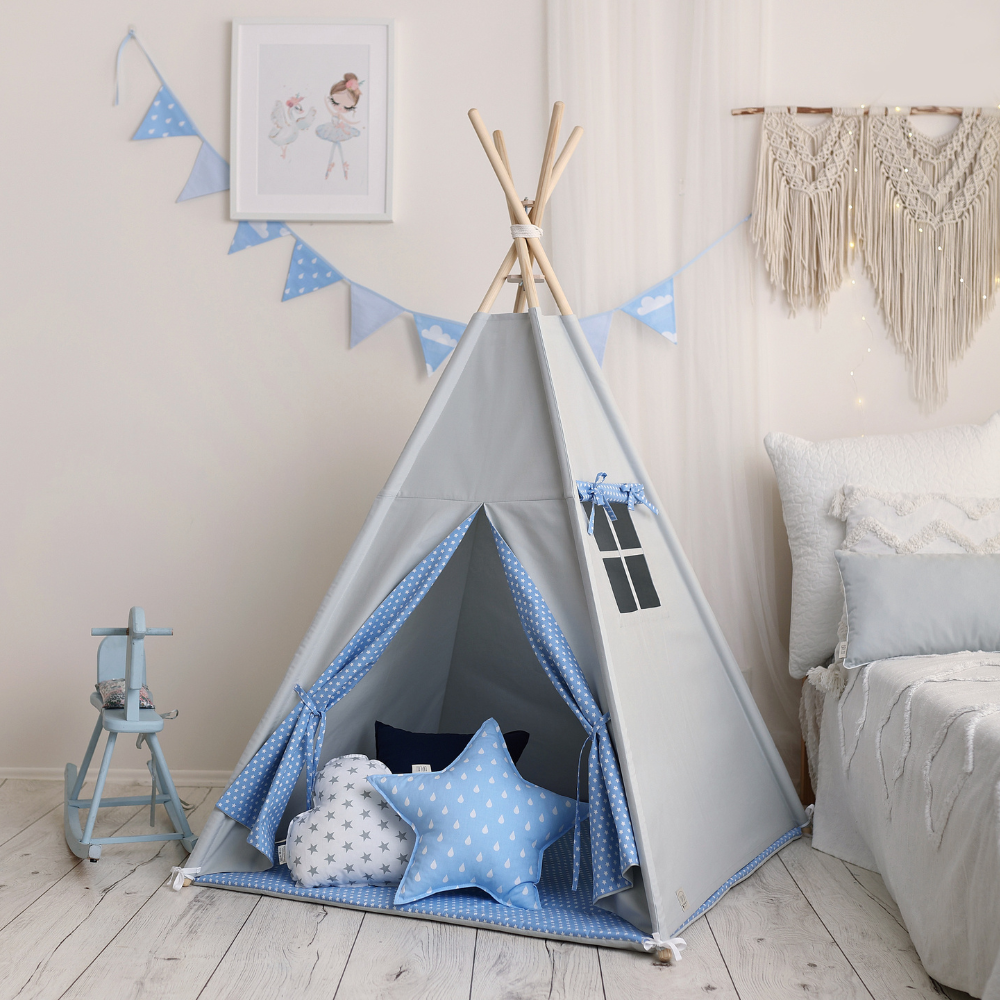 Vaikiška palapinė - Tipis pilkos/mėlynos spalvos