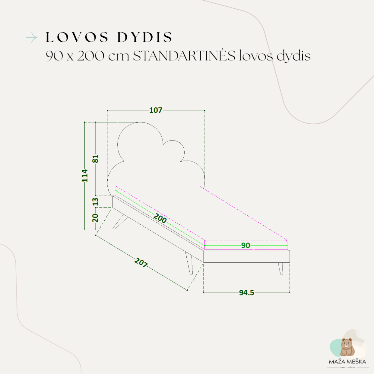 Vaikiška viengulė lova Švelnus Debesėlis su kojelėmis