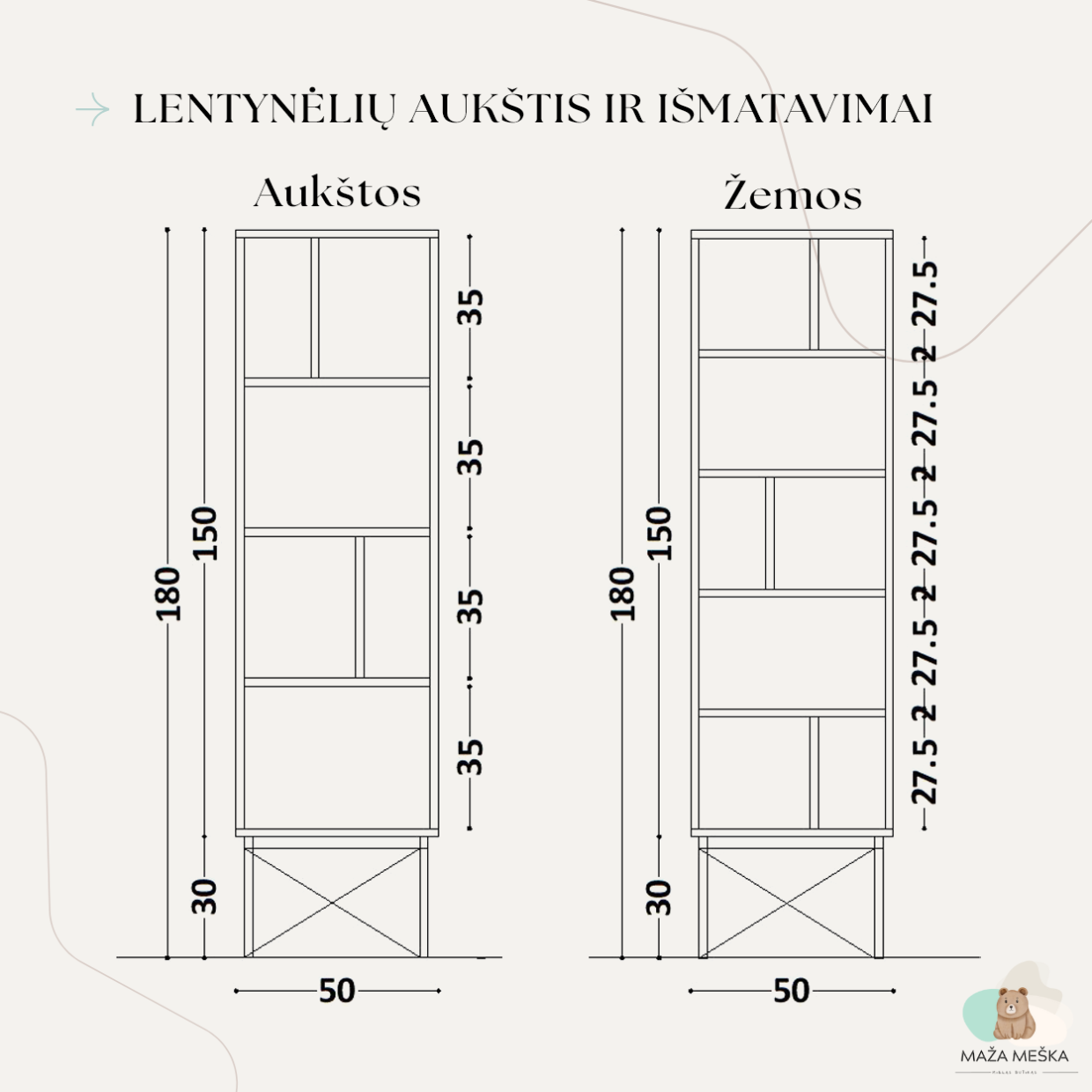 Lentynėlių aukštis ir išmatavimai