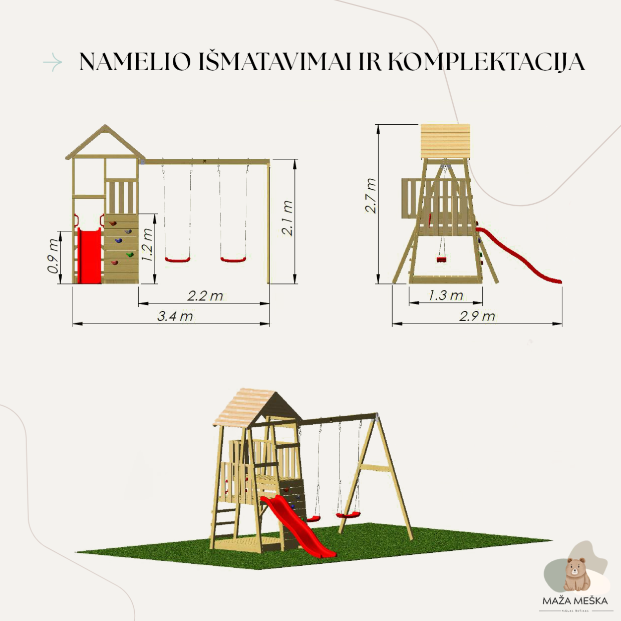 Lauko Žaidimų Bokštas su Smėliadėže ir Sūpynėm