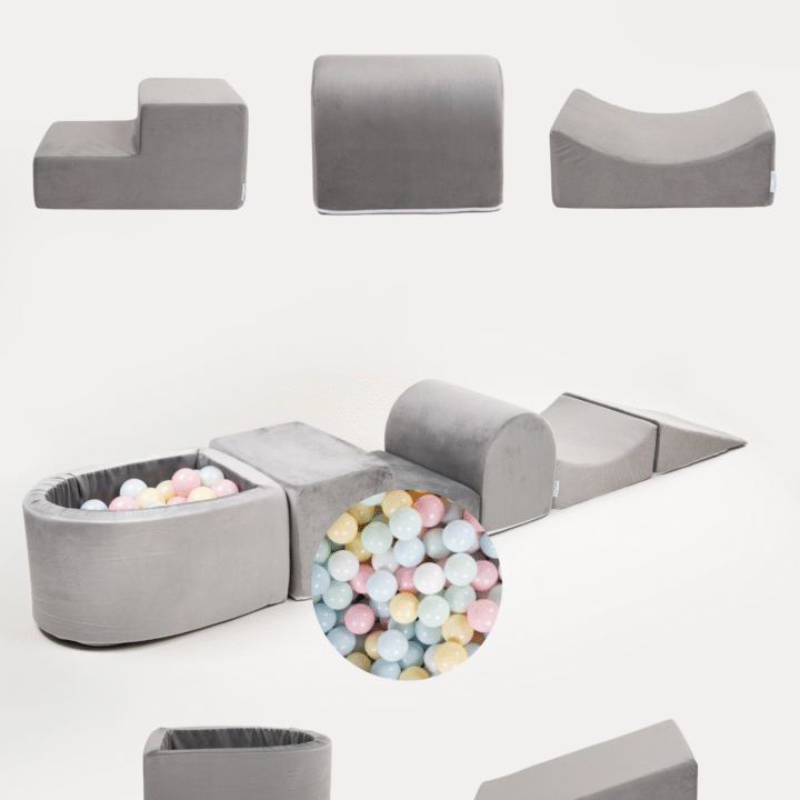 Putplasčio Žaidimo Rinkinys + Mažas baseinas - pilkas + 80 kamuoliukų PASTELINIAI