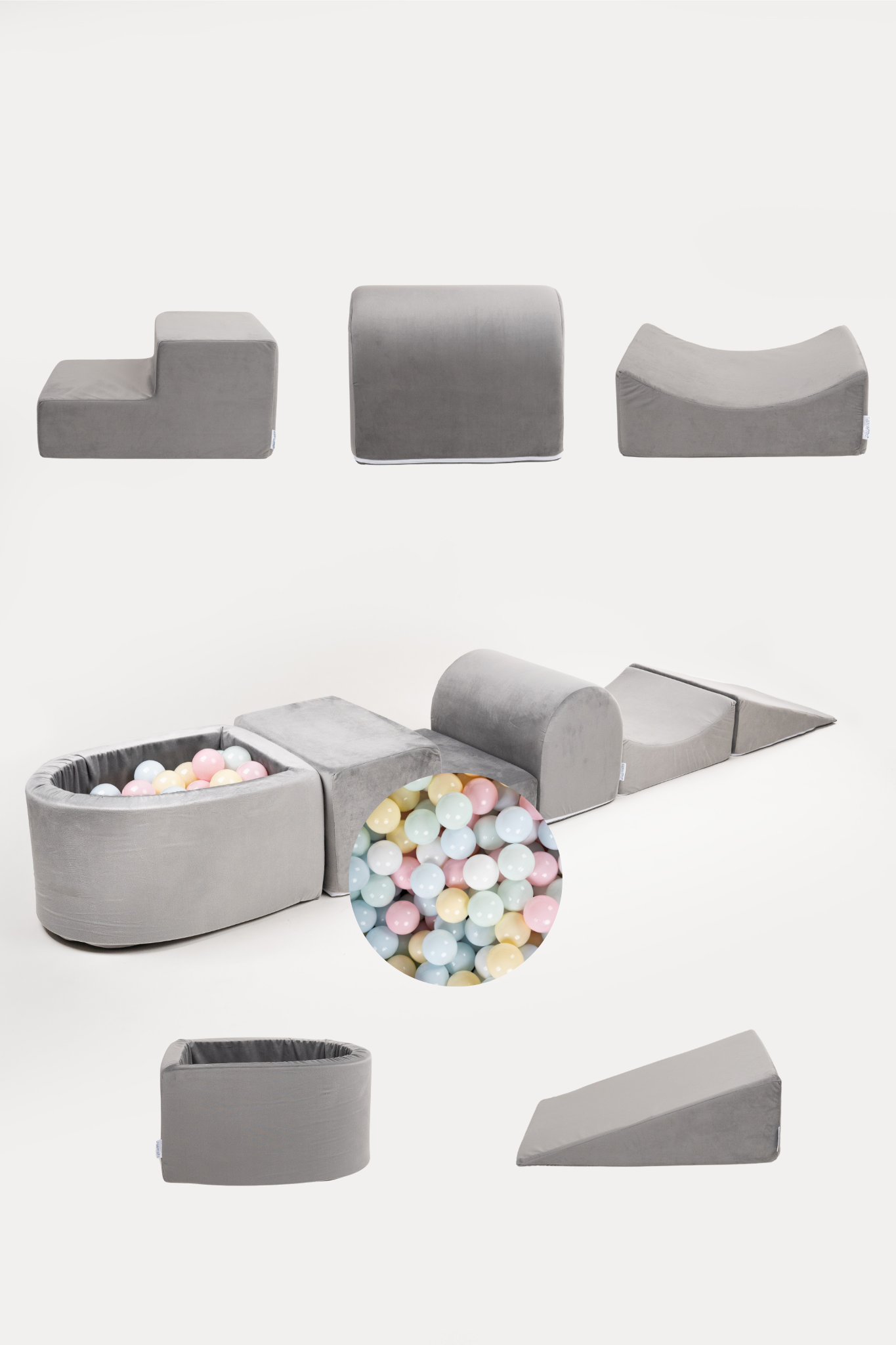 Putplasčio Žaidimo Rinkinys + Mažas baseinas - pilkas + 80 kamuoliukų PASTELINIAI