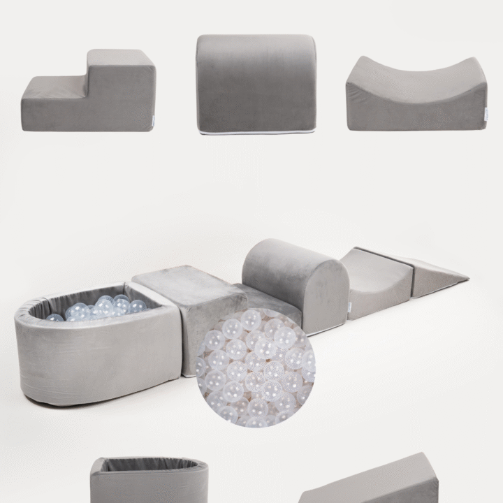 Putplasčio Žaidimo Rinkinys + Mažas baseinas - pilkas + 80 kamuoliukų SKAIDRŪS