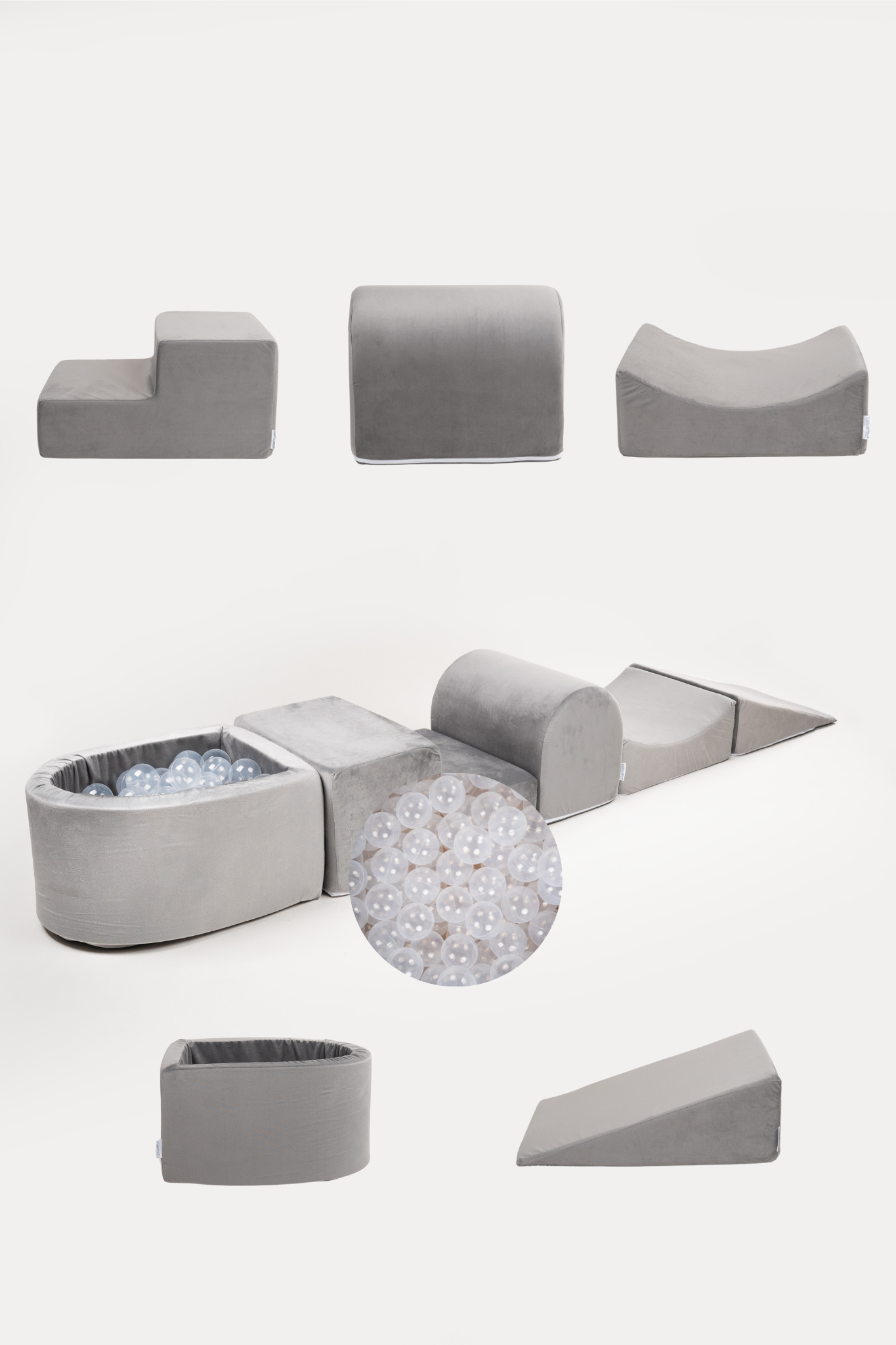 Putplasčio Žaidimo Rinkinys + Mažas baseinas - pilkas + 80 kamuoliukų SKAIDRŪS