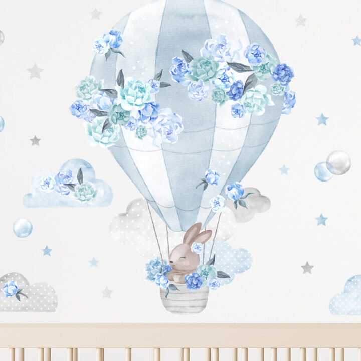 Vaikiškas sienų lipdukas Melsvas oro balionas su zuikiu